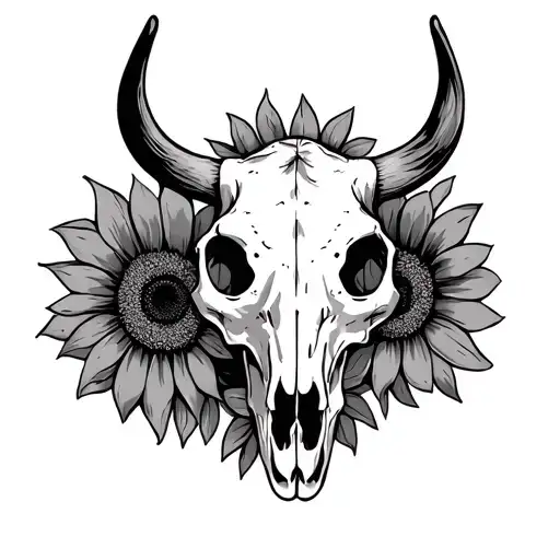 Cow Skull With Sun Flowers Surrounding