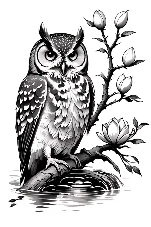 Owl Perched On Magnolia Tree Over Stream Flowing