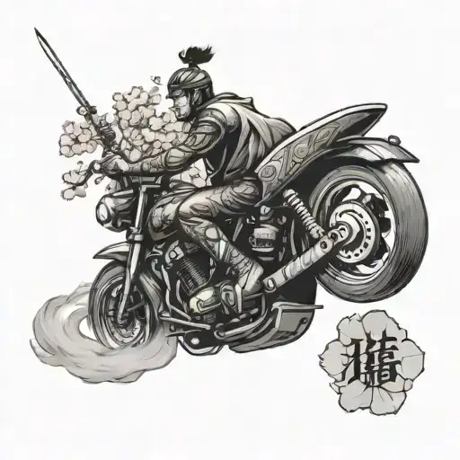 A Samurai Warrior On A Motorcycle With Cherry Blossom Petals Swirling Around