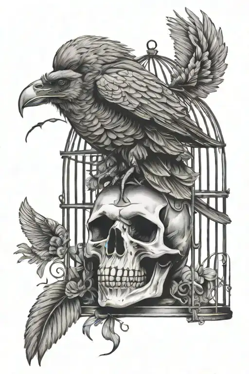 Human Skull In Birdcage Carried By A Raven Flying