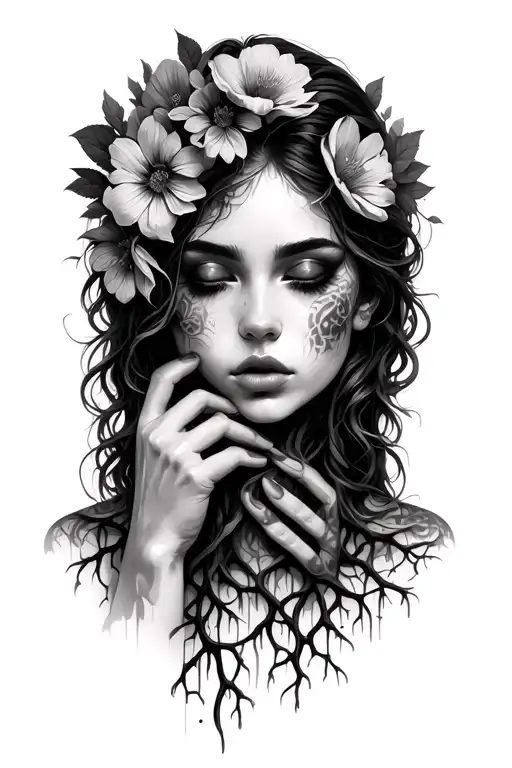 Woman With Hand Strangling Her Neck Flowers For Top Half Of Face And Roots Coming Down Her Face