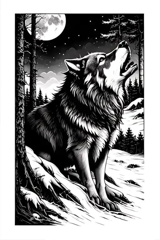 Forest With Wolf Howling At The Moon