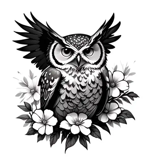 An Owl With The Open Wings Surrounded By Flowers