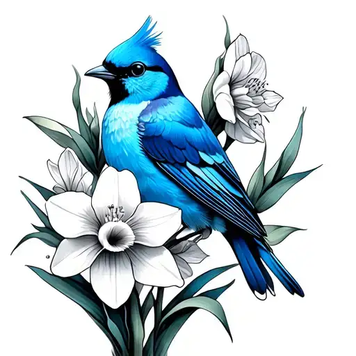 Blue Bird And Narcissus Flower