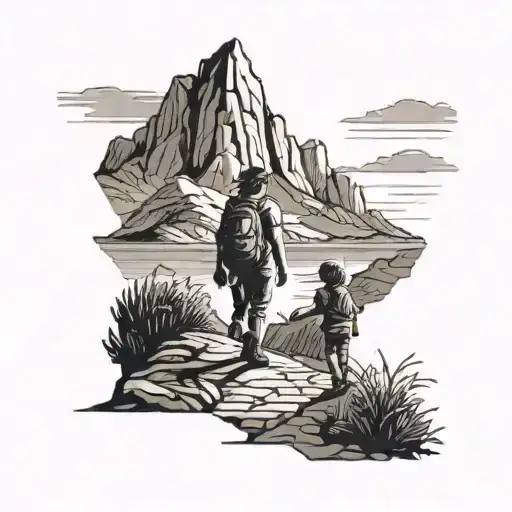 A Silhouette Of A Mother And Child Exploring A Mountain Trail With The Ocean In The Background