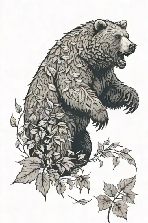 Angry Brown Bear Surrounded By Leaves Falling