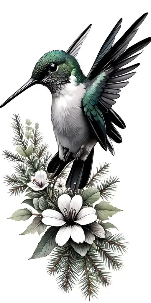 Hummingbird With Wild Flowers And Pine Trees