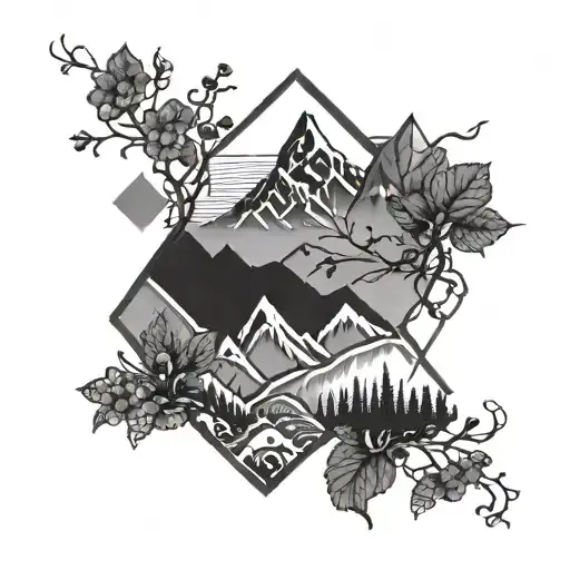 An Intricate Design Of Hexagons And Vines Creating A Mountain Range Silhouette