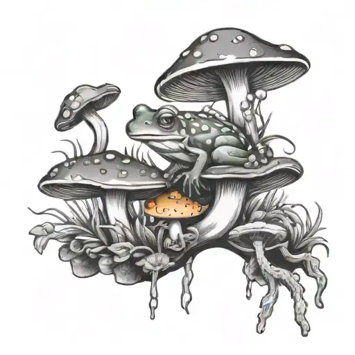 Mushrooms And Beautiful Branches With Frogs