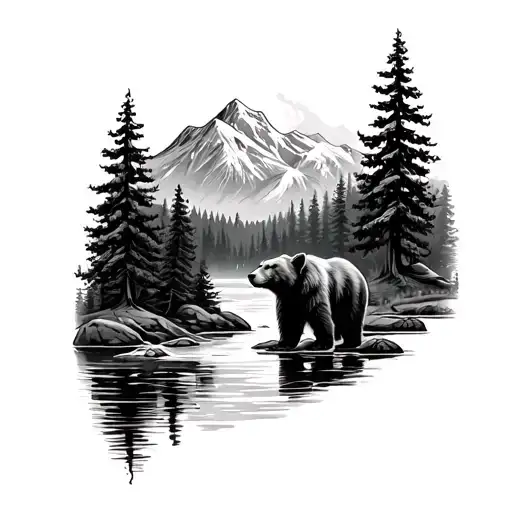 Black And Grey Nature Tattoo With River Trees And A Mountain In The Background And Bear By The River