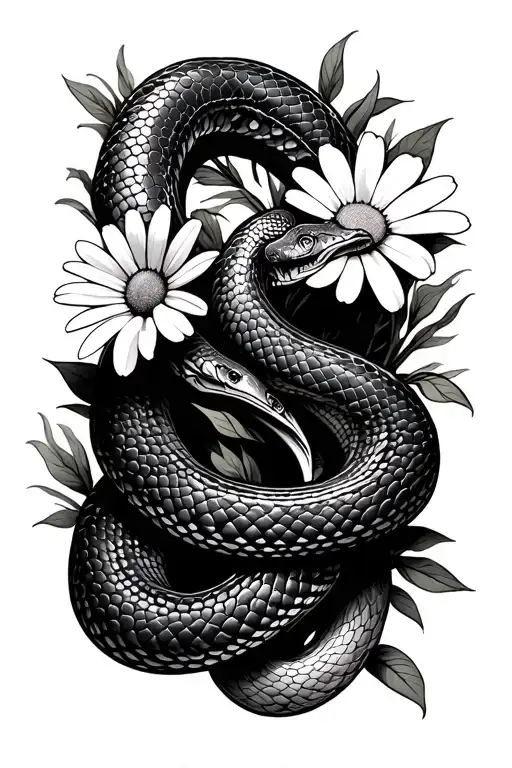 Snake Slithering Through Daisy's Black And White Simple Arm