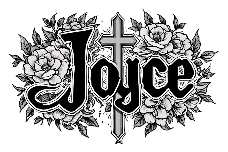Joyce In Cursive Lettering With A Cross Tattoo Design