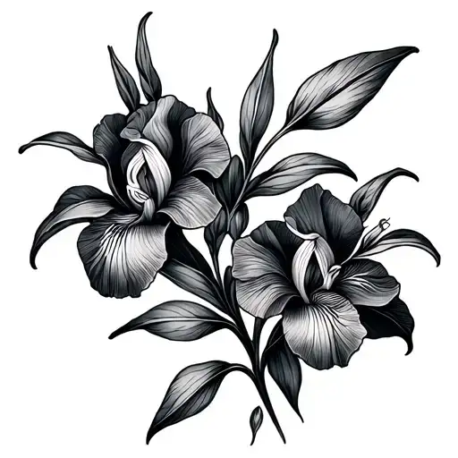 Simple Iris And Honeysuckle Flowers Intertwined Line Work