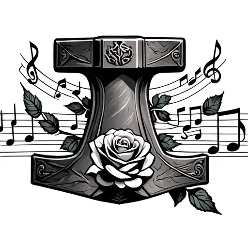 Mjolnir With Roses Wrapped And Music Notes