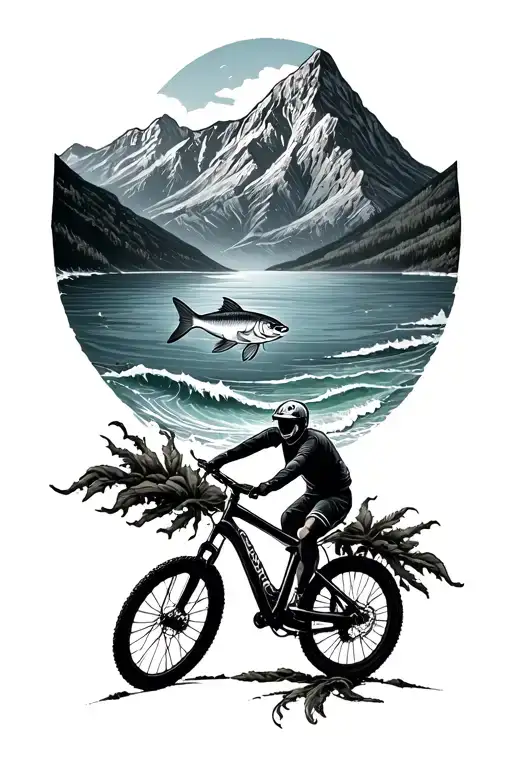 A Scenic Mountain And Ocean With A Bike And Fish Jumping