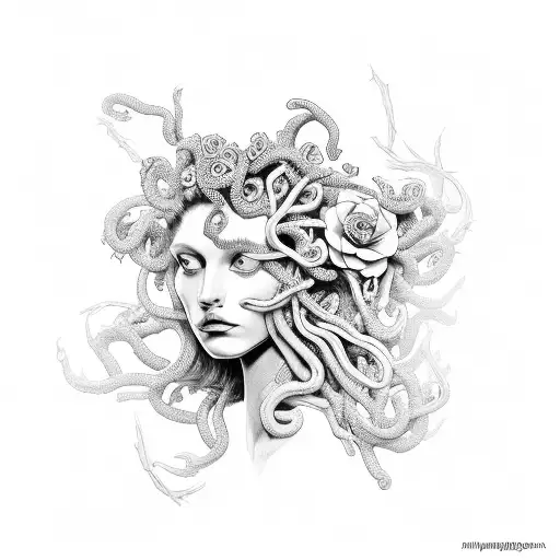 Medusa With Ravens And Flowers
