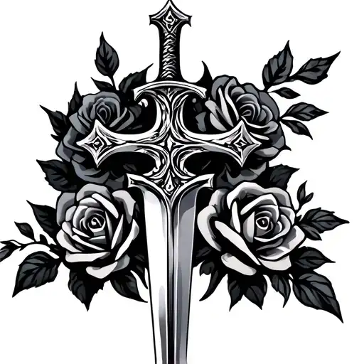 Cross Made With Sword And Wrapped With Roses