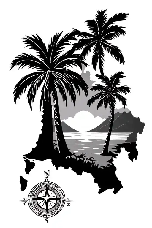 Map Of Guyana With Palm Trees And Compass On Top Of Map