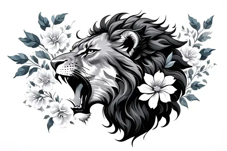 Feminine Lion Head Roaring With Flower Surrounded