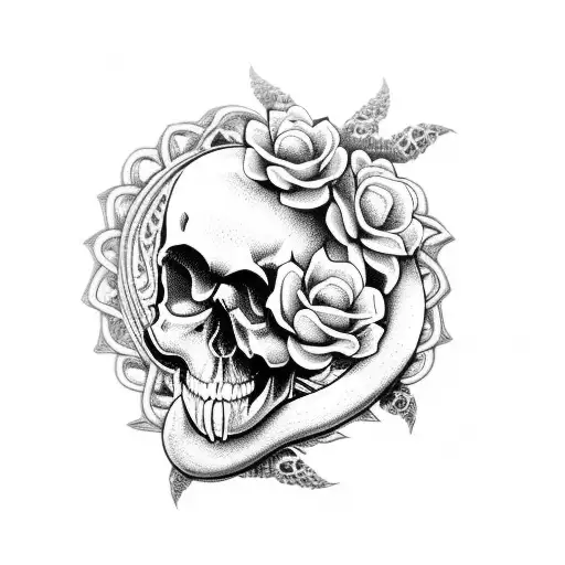Skull With Flowers And Serpent