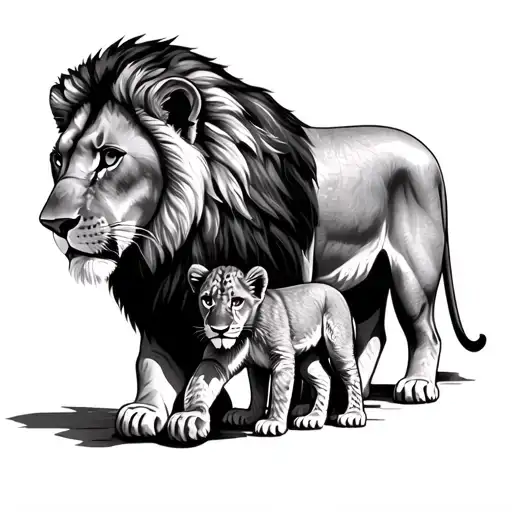 Lion Protecting Lioness And Cubs