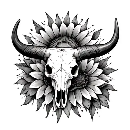 Longhorn Bull Skull With Sun Flowers Surrounding