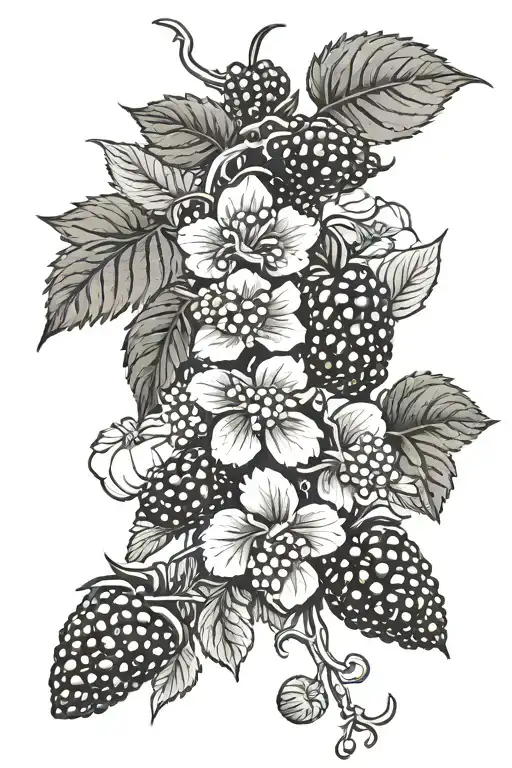 Blackberries On A Vine W Flowers Growing