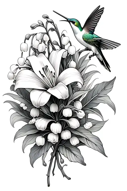 Lily Of The Valley Flower And Cosmo Flower With Hummingbird And Half Mandela