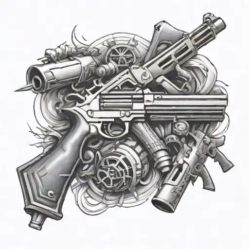 A Black And Grey Sleeve Tattoo Showcasing A Collection Of Powerful Weapons In A Realistic Style