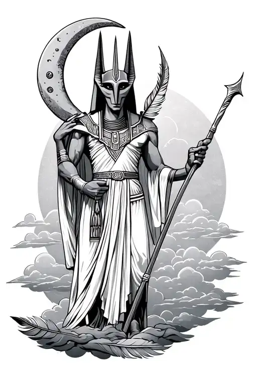 Anubis Holding Crescent Moon Staff With Feather At The Bottom With Clouds