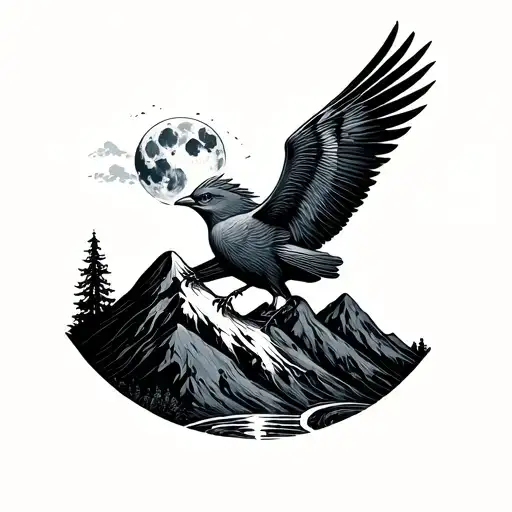 Bird Mountain And Moon