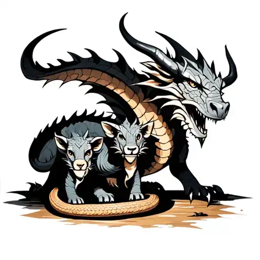 A Father Earth Dragon With A Metal Ox And Wood Snake Cub