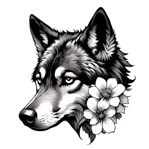 Feminine Wolf Head And Flowers