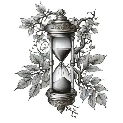 Hourglass Tattoo With Pocket Watch Surround By Tree Branches