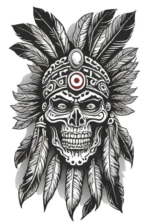 Black And Gray Front Facing Chief Wahoo Skull With A Full Headdress
