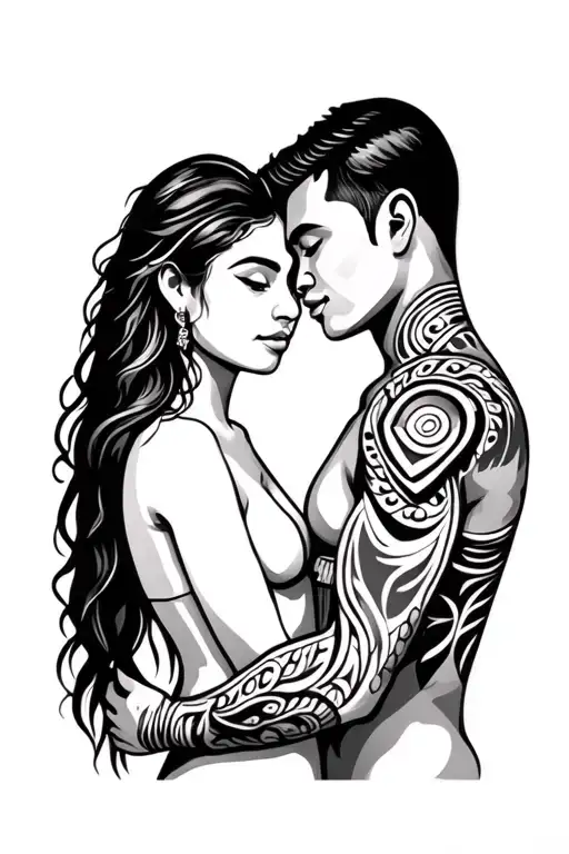 Man And Woman Embracing In Polynesian Tribal Patterns