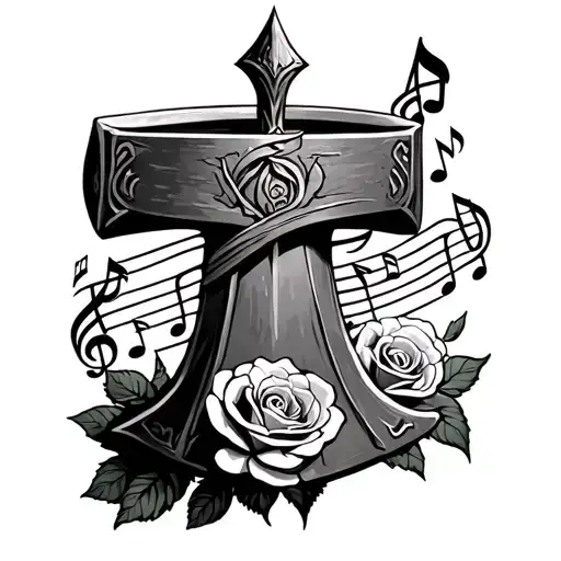 Mjolnir With Roses Wrapped And Music Notes