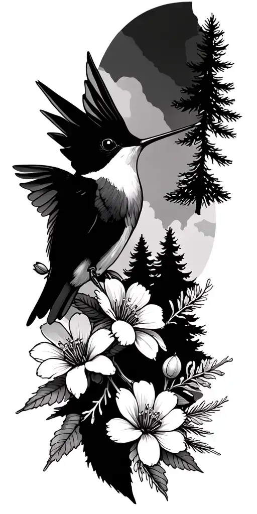 Hummingbird In Wild Flowers With Pine Trees In The Background