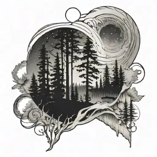 Outer Forearm Design Featuring A Scenic Silhouette Forest And The Northern Lights