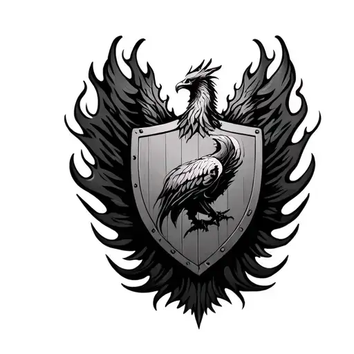 Phoenix And Shield With Flames Surrounding