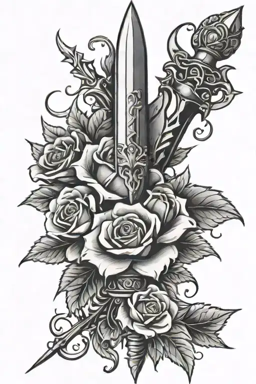 Dagger Surrounded By Thorny Roses