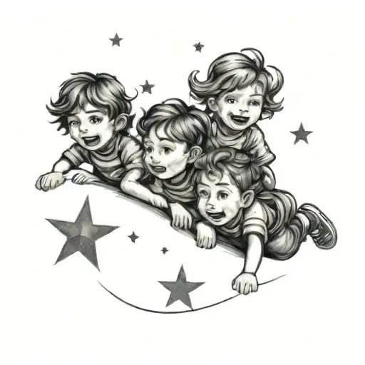 A Tattoo Design Featuring Four Kids Playing Under A Starry Night Sky