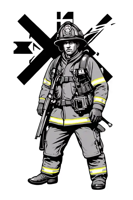 Firefighter Wearing Gear With Maltese Cross In Background