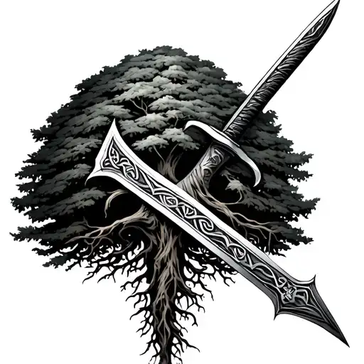Nordic Tree Of Life On Top With Roots Grapping The Handle Of Odins Sword That Is Pointing Down