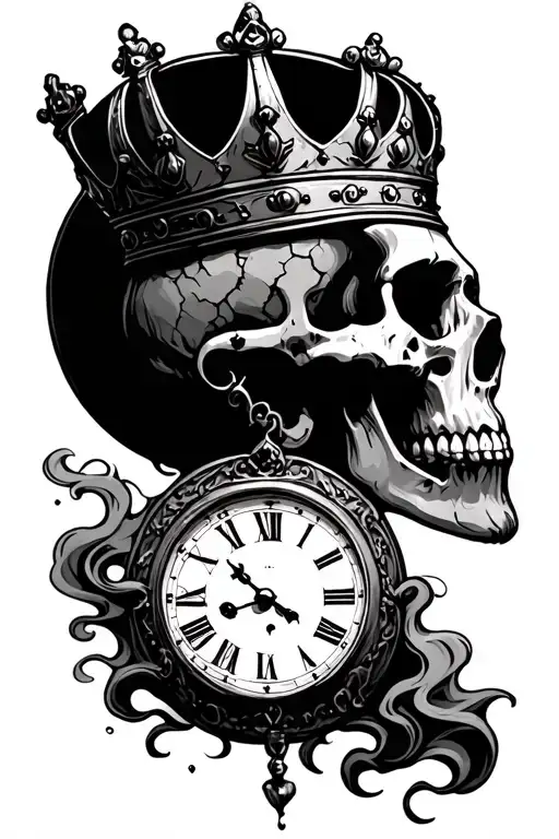 Side View Of Skull With King Crown With Old Cracked Clock Below And Smoke Rising
