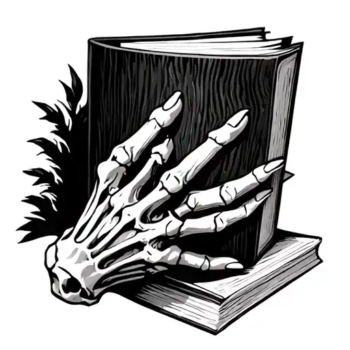 Skeleton Hand Holding A Book Done In A Wood Carving Style