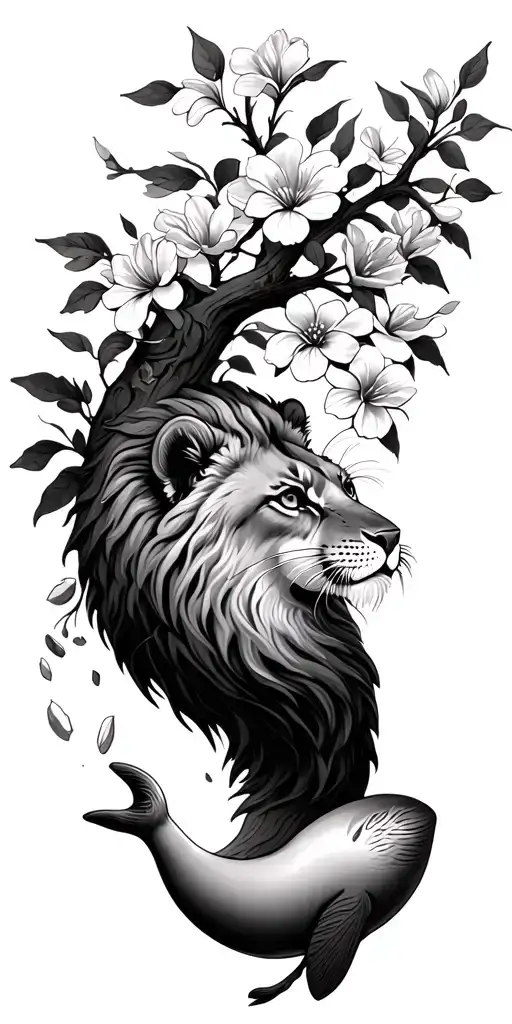 Branches And Flowers With A Small Seal Hiding Lion With Falling