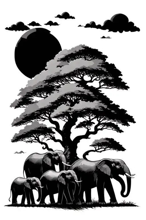 Posin Tree Surrounded By Elephants Walking Togther