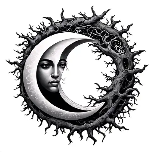 Spiritual Sun And Moon Ying And Tang Intertwined With Tree Branches