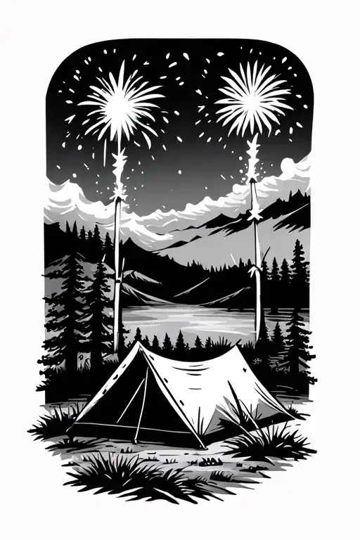 Simple Tattoo From Camping And Firecracker That Is Bright Next To The Tent
